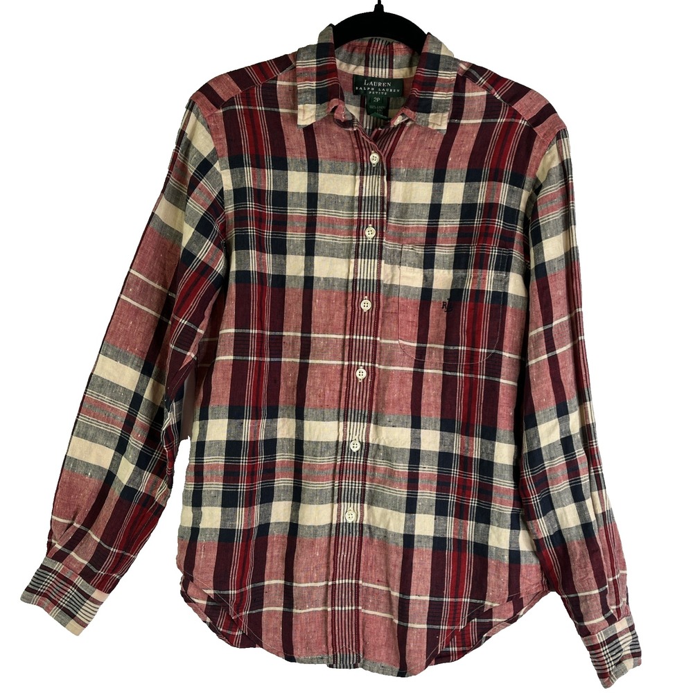 Lauren Ralph Lauren Women' 100% Linen Plaid Button Up Front Pocket Long Sleeve 2